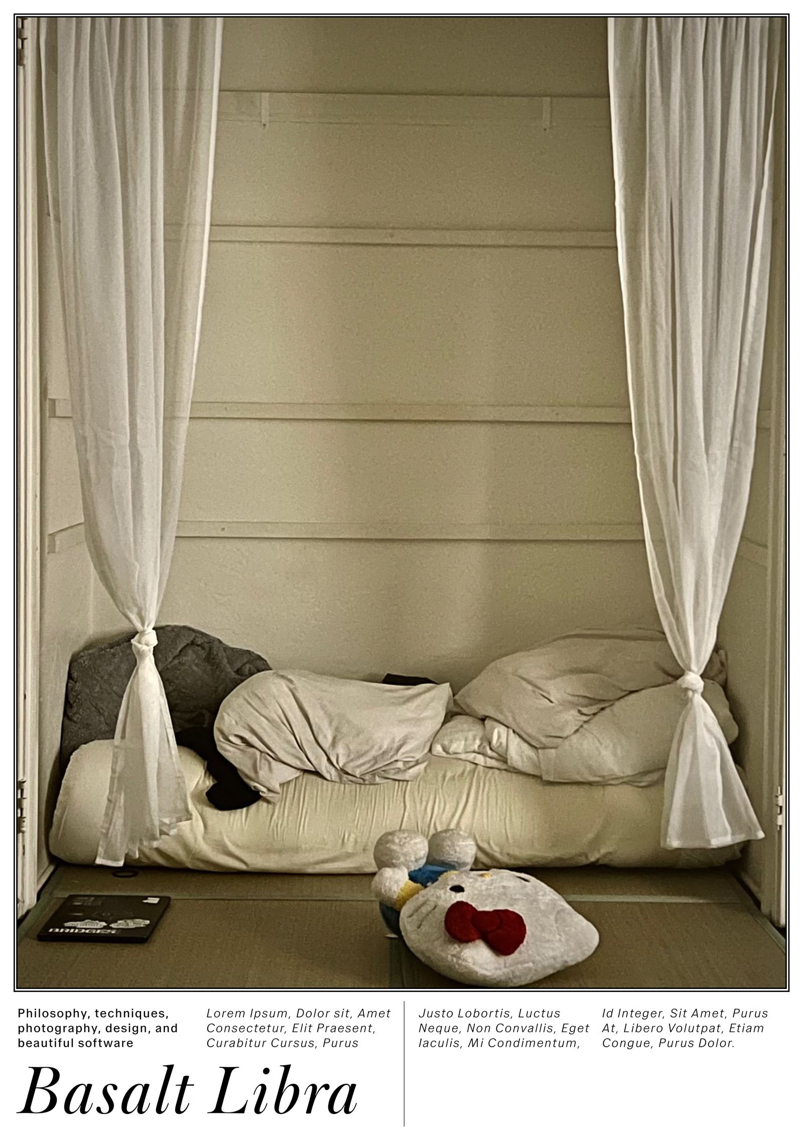 Basalt Libra cover: curtained sleeping nook, domestic photograph