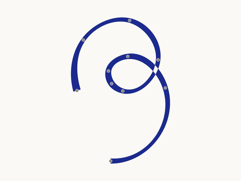 The mark with its axis turned to −38° and the shoulder flared, after Mincho