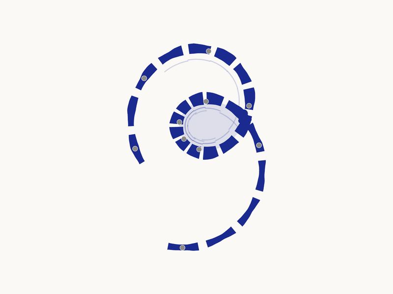 The curve read as a river: segmented dashes of varying weight, an island where the loop closes.